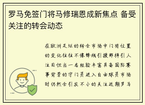 罗马免签门将马修瑞恩成新焦点 备受关注的转会动态